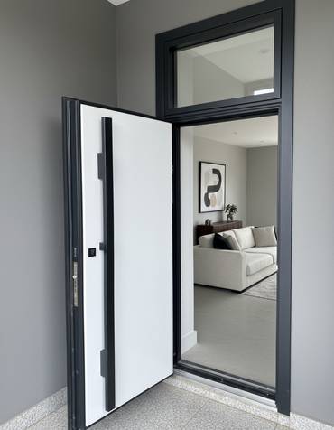 Дверь с бугельной ручкой и фрамугой